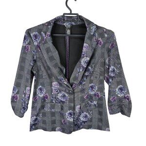Womens Soho Apparel Gray & Purple Plaid Floral Blazer Polyester Blend Stretch M